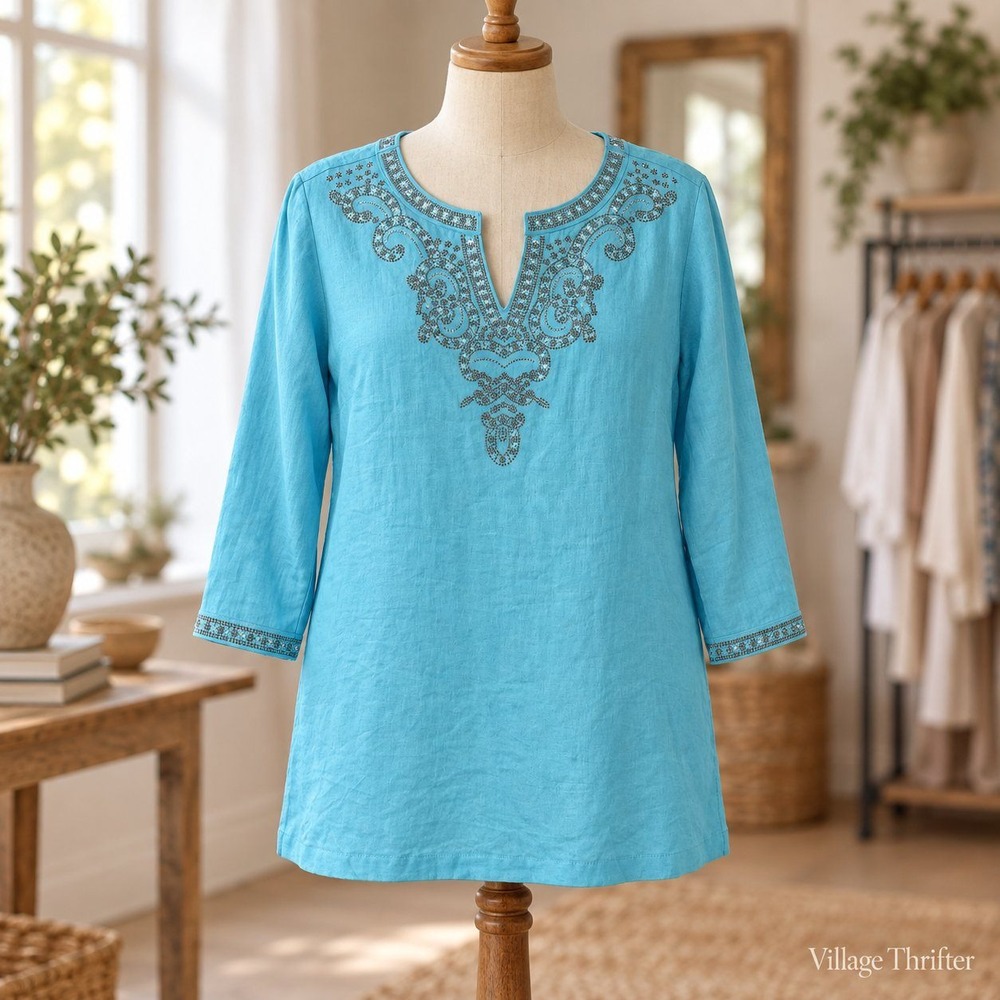 Peck & Peck Linen Tunic Women Large Turquoise Sequined Studded Coastal Boho NWT